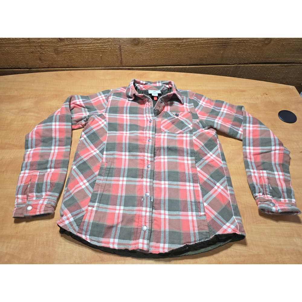 Obermeyer Kids XL Pink Olive Plaid Insulated Flannel Shirt Jacket Quilted Lining